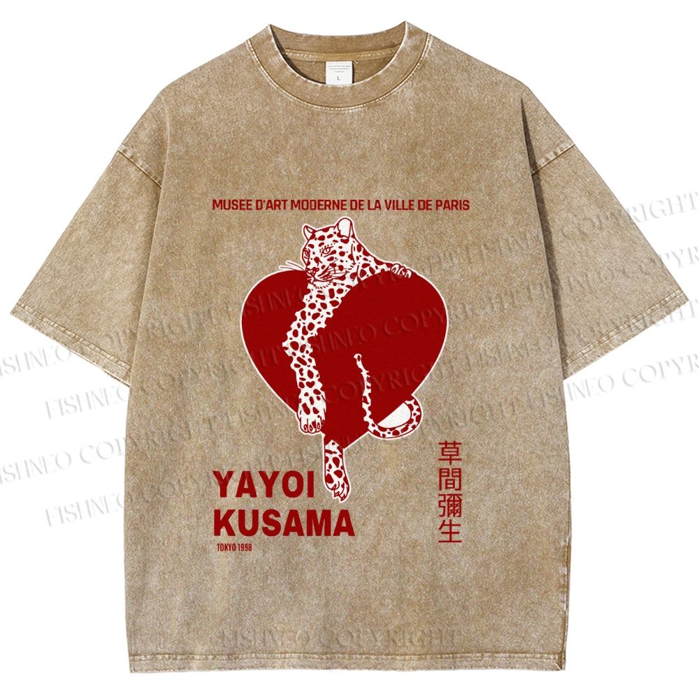 Unisex Yayoi Kusama Panther With Heart Printed Washed Tee