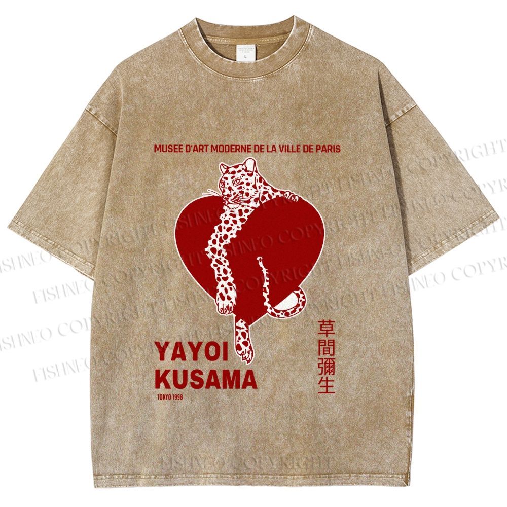 Unisex Yayoi Kusama Panther With Heart Printed Washed Tee