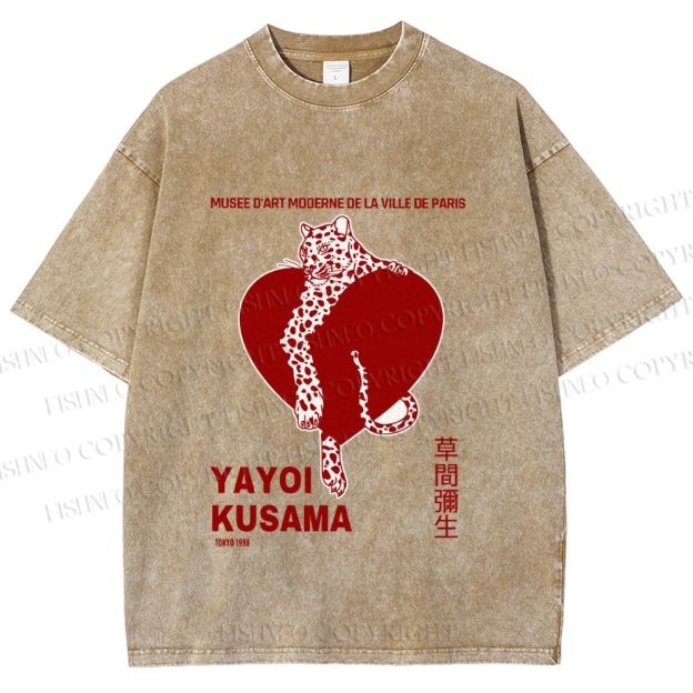 Unisex Yayoi Kusama Panther With Heart Printed Washed Tee