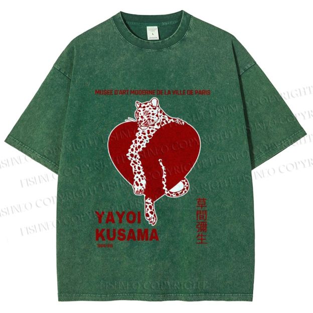 Unisex Yayoi Kusama Panther With Heart Printed Washed Tee