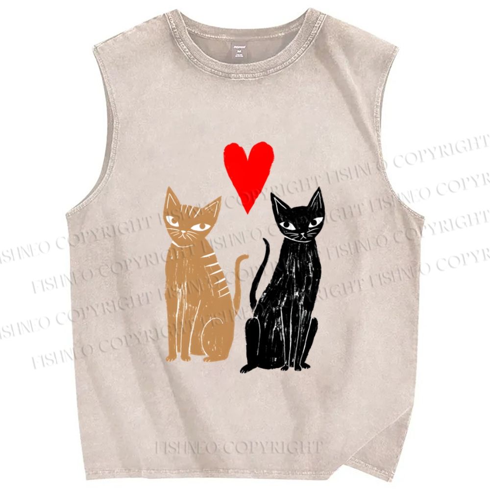 Unisex Heart Cat Printed Washed Tank Top