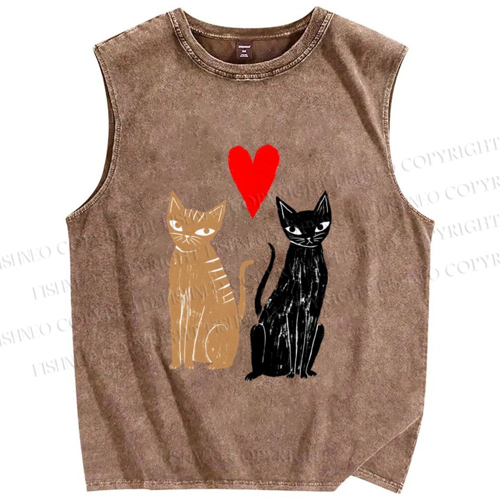 Unisex Heart Cat Printed Washed Tank Top