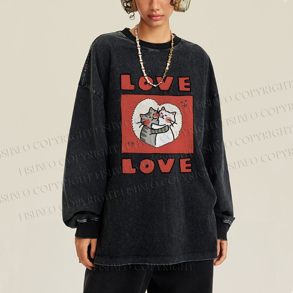 Unisex Casual Washed Love Cat Printed Long Sleeve T-shirt