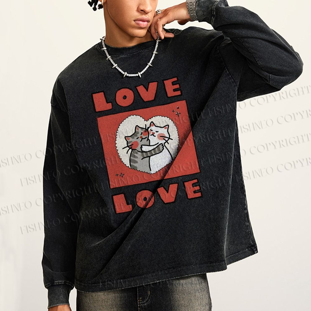 Unisex Casual Washed Love Cat Printed Long Sleeve T-shirt