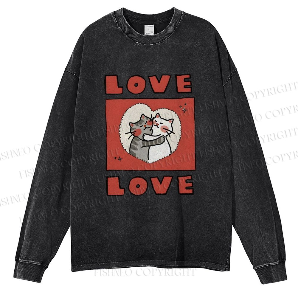 Unisex Casual Washed Love Cat Printed Long Sleeve T-shirt