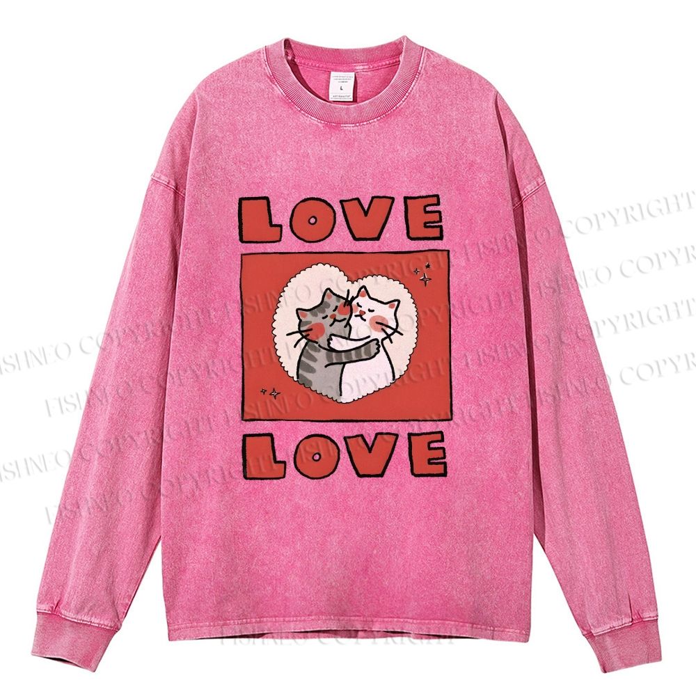Unisex Casual Washed Love Cat Printed Long Sleeve T-shirt