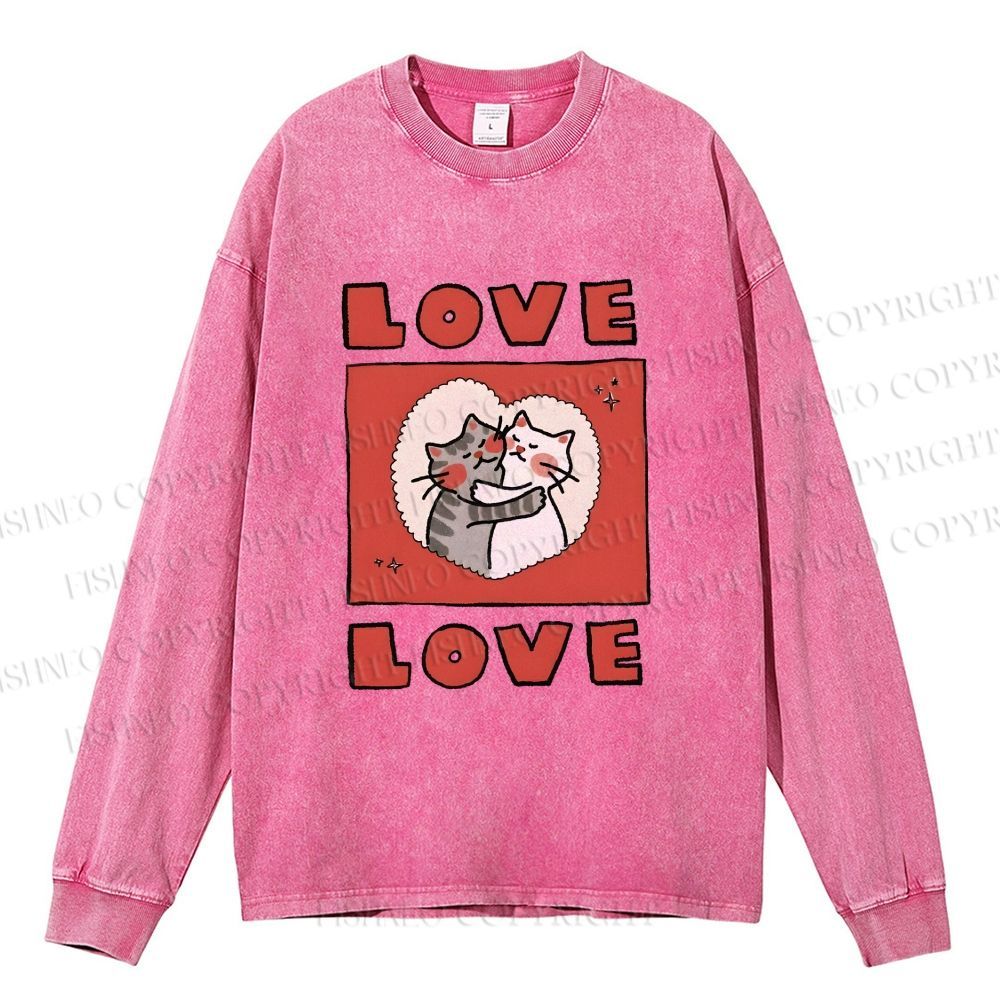 Unisex Casual Washed Love Cat Printed Long Sleeve T-shirt