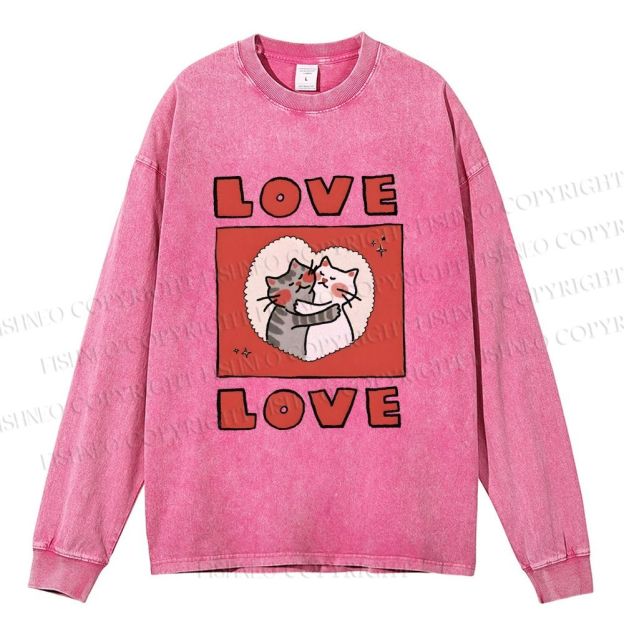 Unisex Casual Washed Love Cat Printed Long Sleeve T-shirt