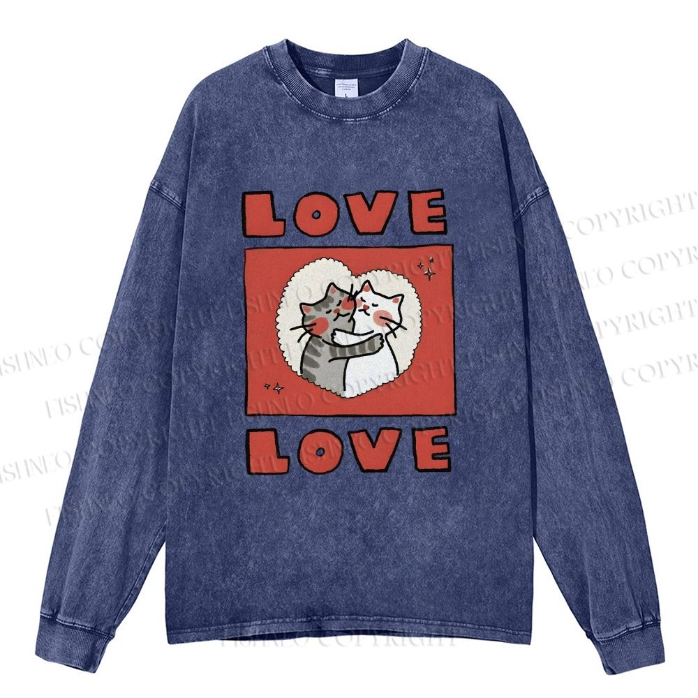 Unisex Casual Washed Love Cat Printed Long Sleeve T-shirt