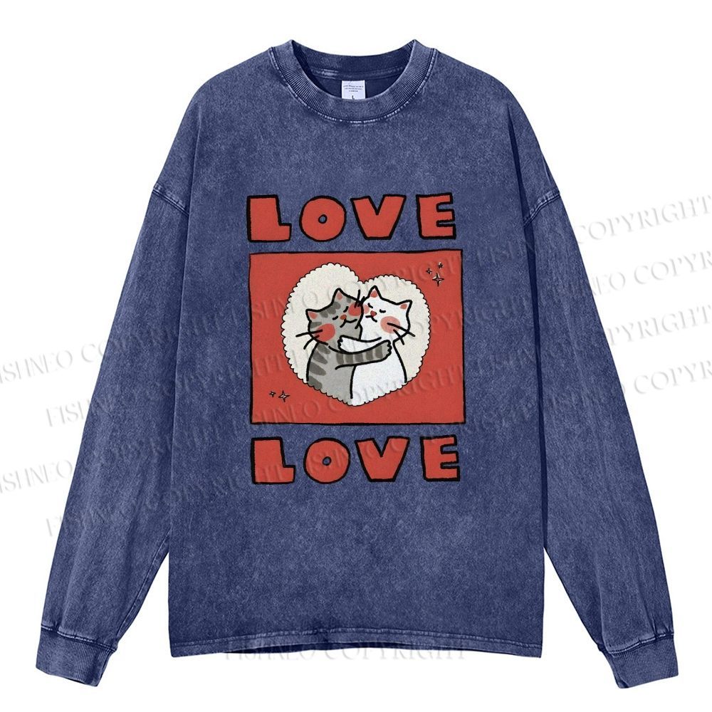Unisex Casual Washed Love Cat Printed Long Sleeve T-shirt