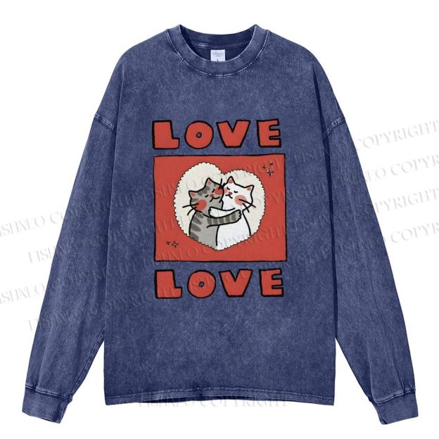 Unisex Casual Washed Love Cat Printed Long Sleeve T-shirt