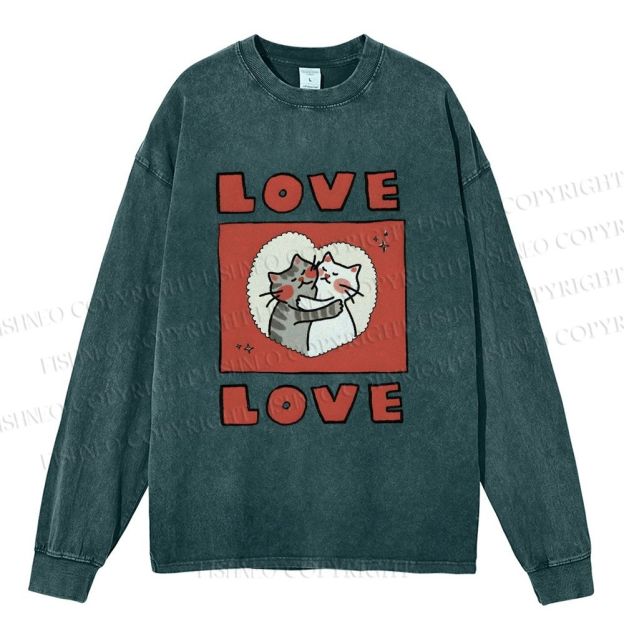 Unisex Casual Washed Love Cat Printed Long Sleeve T-shirt