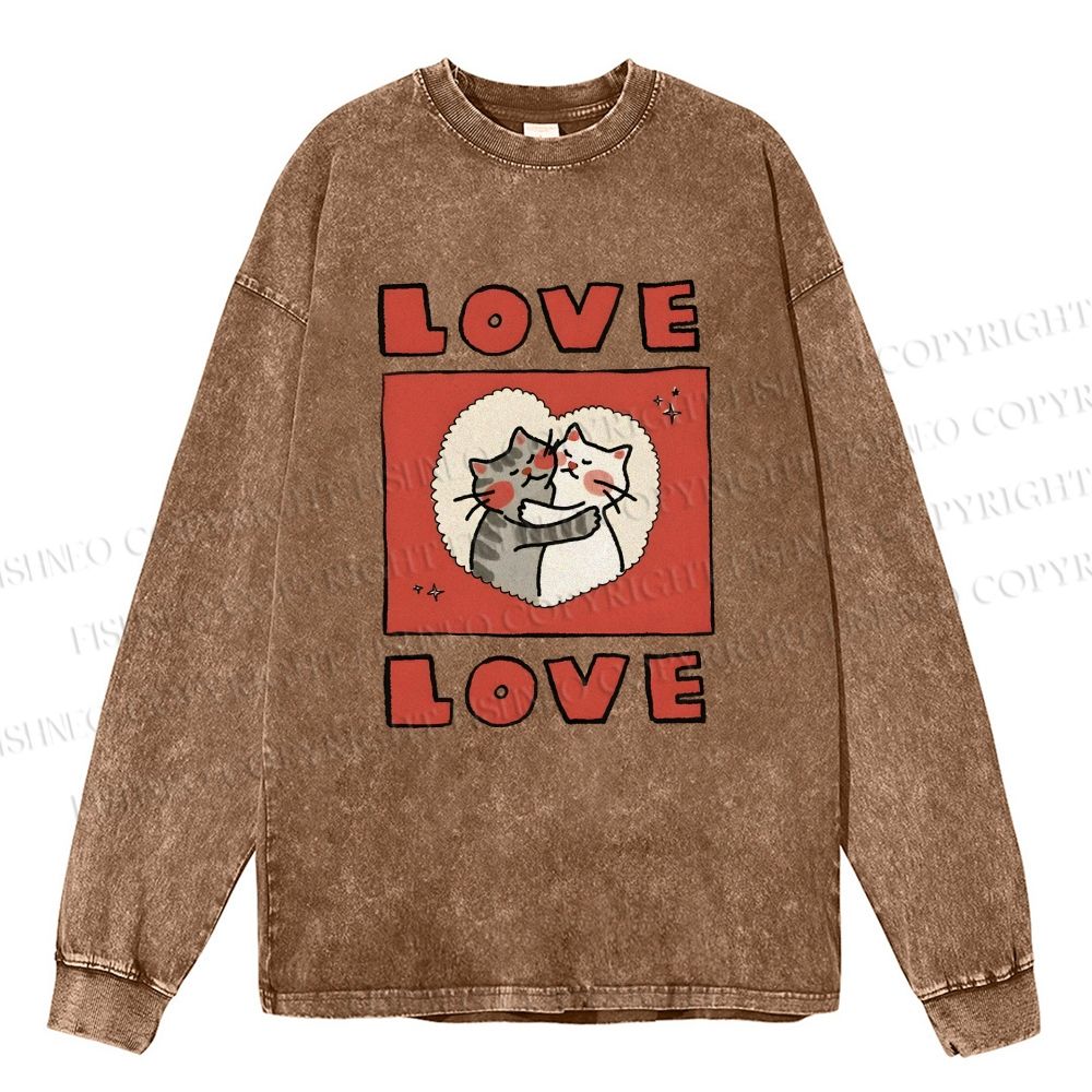 Unisex Casual Washed Love Cat Printed Long Sleeve T-shirt