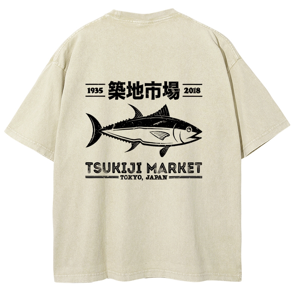 Tsukiji Market Tokyo Japan Fish Vintage Wash Japanese Design Back Art T-Shirt