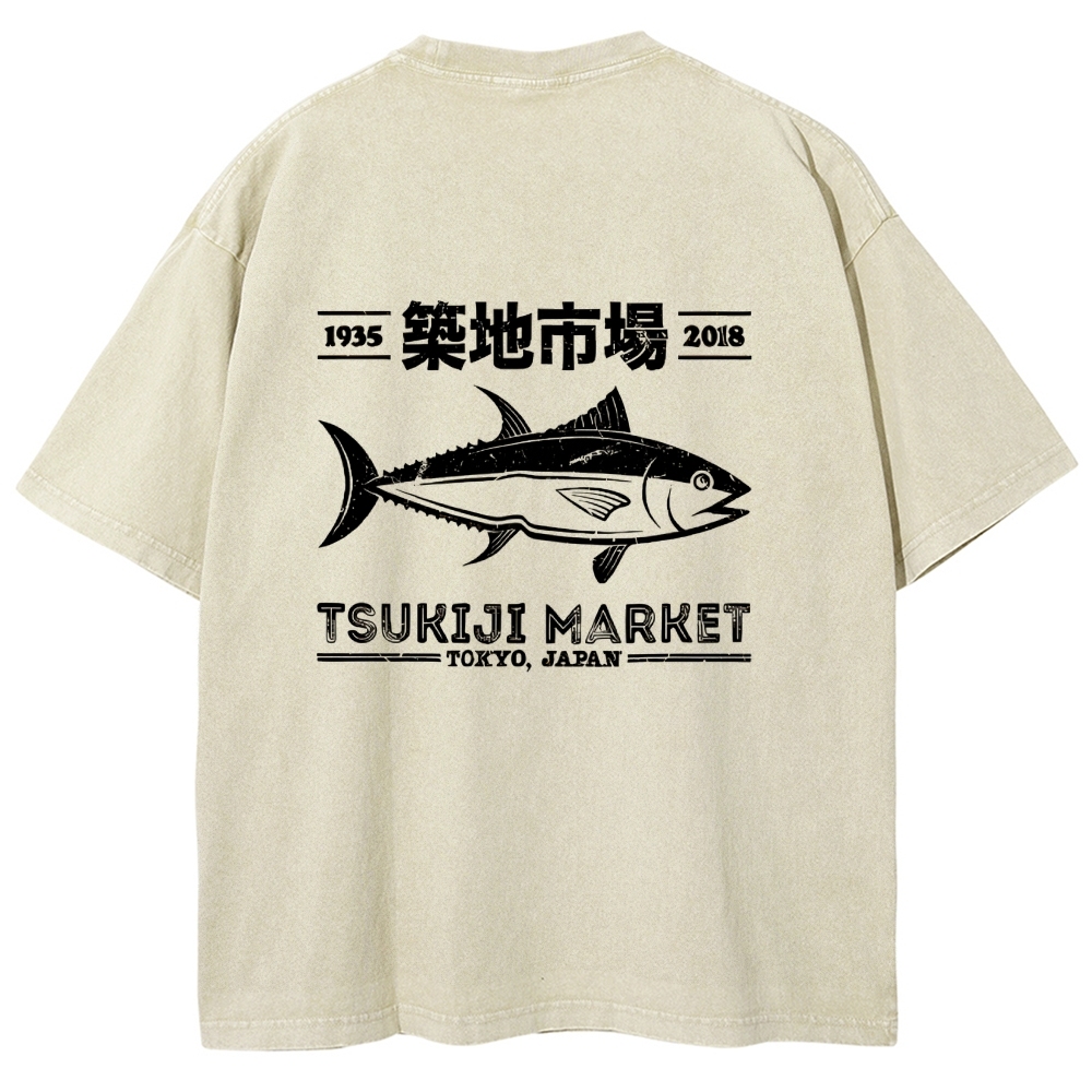 Tsukiji Market Tokyo Japan Fish Vintage Wash Japanese Design Back Art