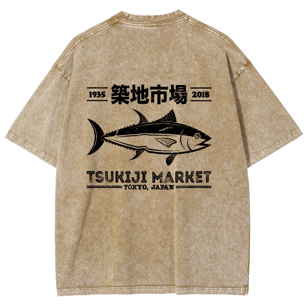 Tsukiji Market Tokyo Japan Fish Vintage Wash Japanese Design Back Art T-Shirt