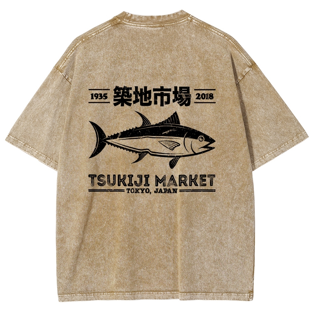 Tsukiji Market Tokyo Japan Fish Vintage Wash Japanese Design Back Art T-Shirt