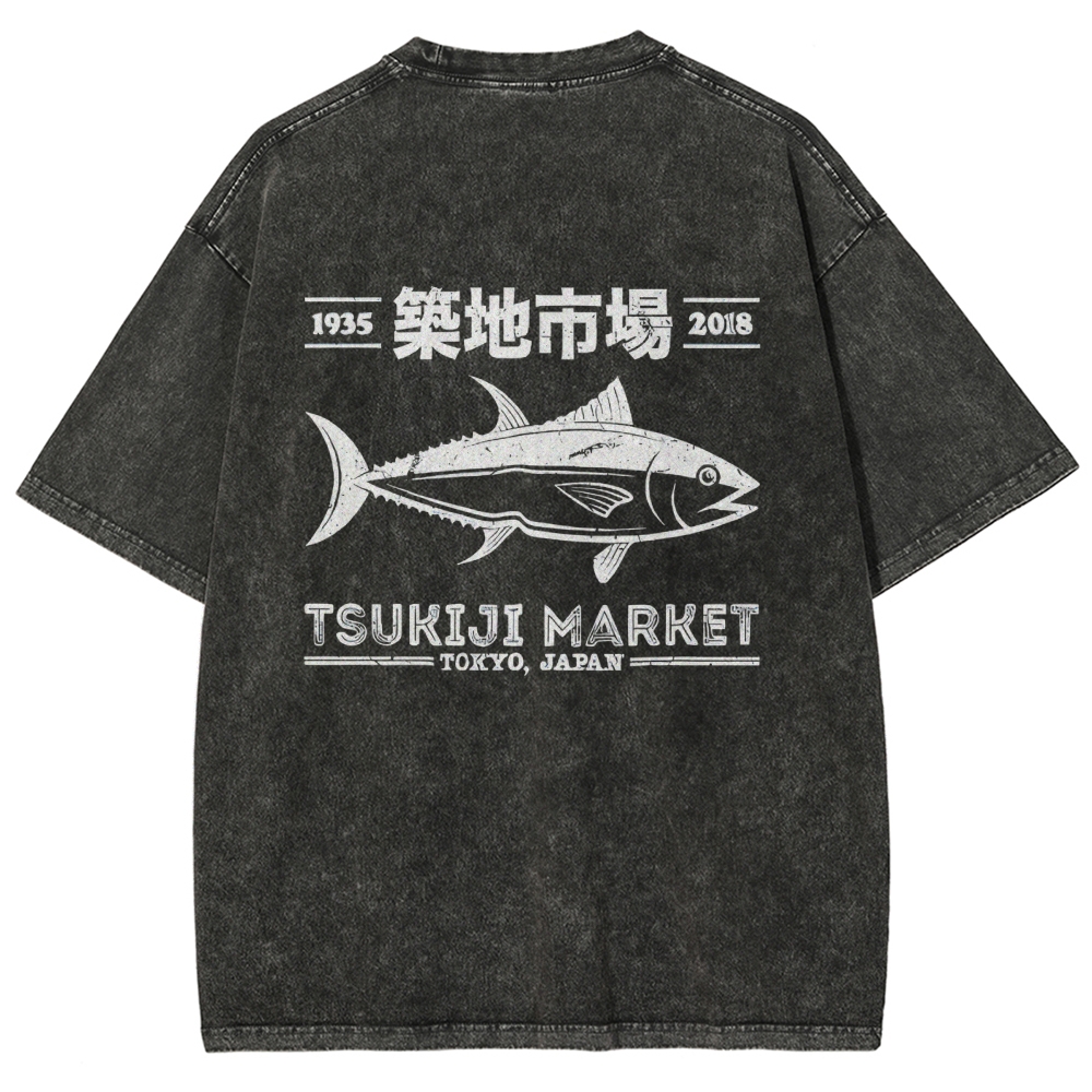 Tsukiji Market Tokyo Japan Fish Vintage Wash Japanese Design Back Art T-Shirt