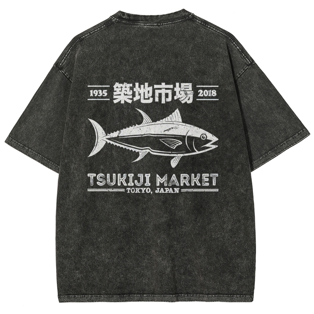 Tsukiji Market Tokyo Japan Fish Vintage Wash Japanese Design Back Art T-Shirt