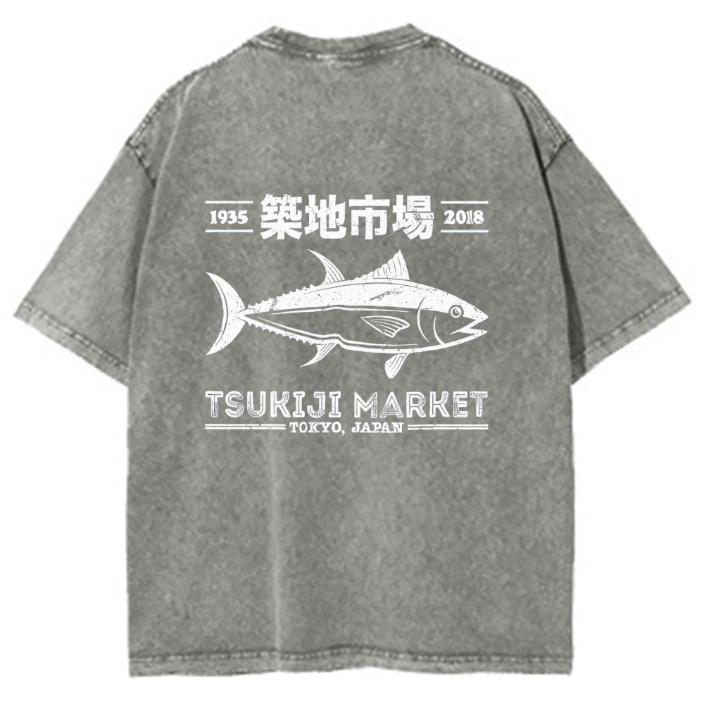 Tsukiji Market Tokyo Japan Fish Vintage Wash Japanese Design Back Art T-Shirt