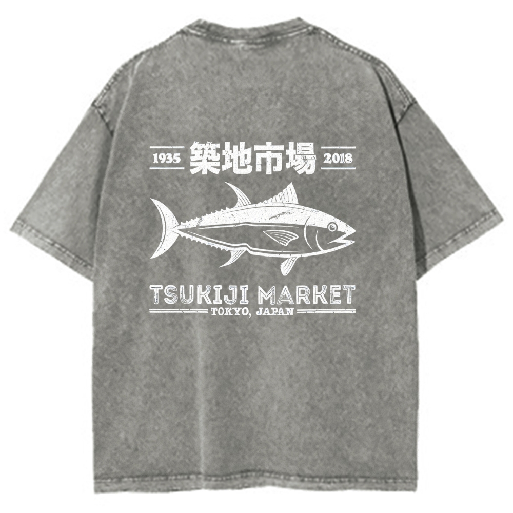Tsukiji Market Tokyo Japan Fish Vintage Wash Japanese Design Back Art T-Shirt