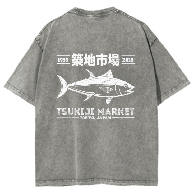 Tsukiji Market Tokyo Japan Fish Vintage Wash Japanese Design Back Art T-Shirt