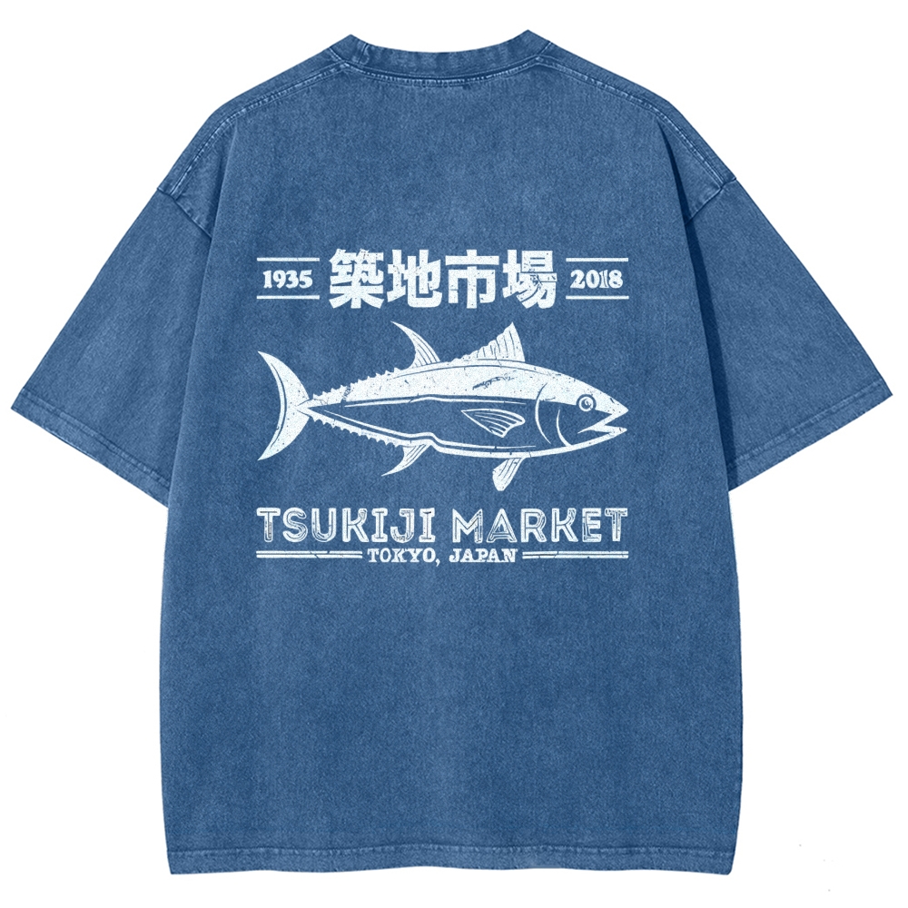 Tsukiji Market Tokyo Japan Fish Vintage Wash Japanese Design Back Art T-Shirt