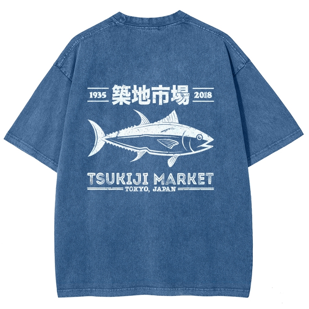 Tsukiji Market Tokyo Japan Fish Vintage Wash Japanese Design Back Art T-Shirt