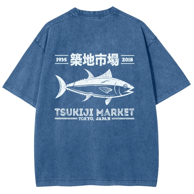 Tsukiji Market Tokyo Japan Fish Vintage Wash Japanese Design Back Art T-Shirt