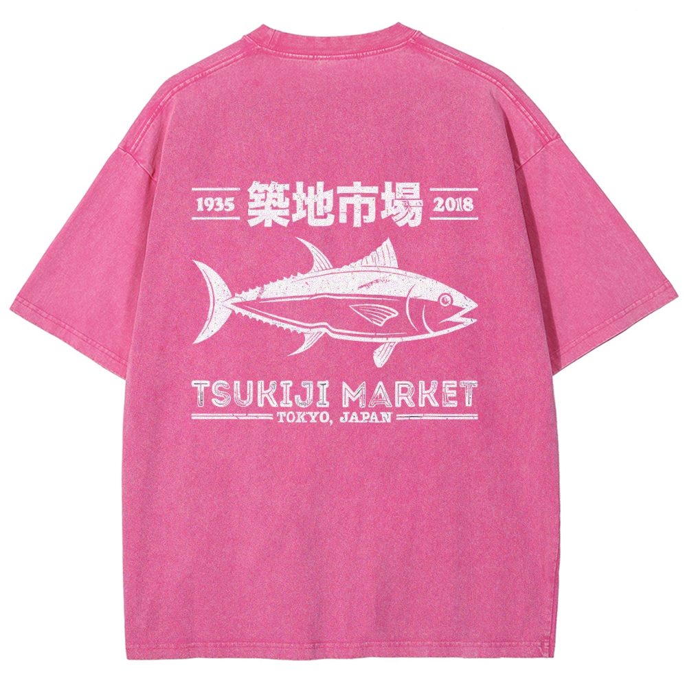 Tsukiji Market Tokyo Japan Fish Vintage Wash Japanese Design Back Art T-Shirt