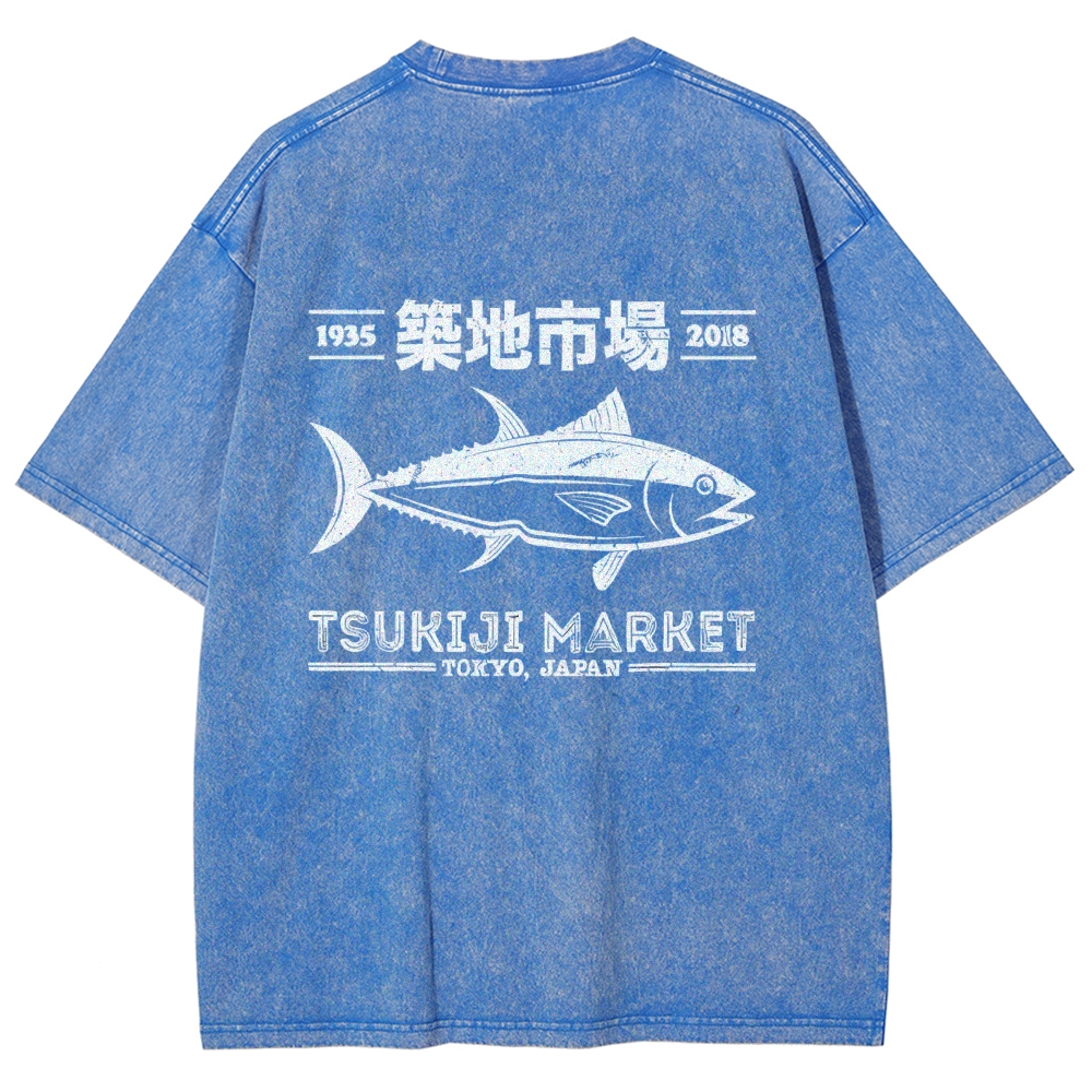 Tsukiji Market Tokyo Japan Fish Vintage Wash Japanese Design Back Art T-Shirt