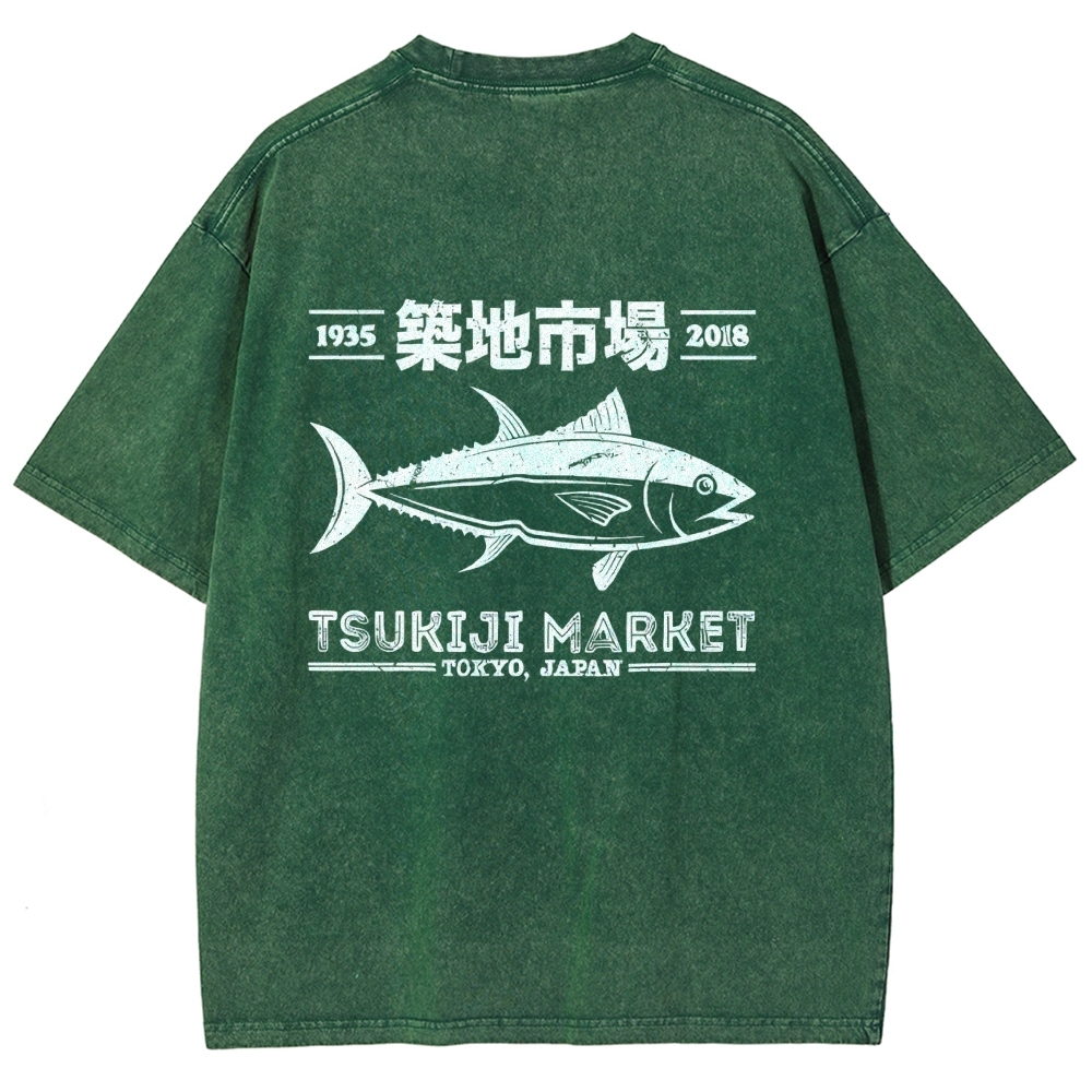 Tsukiji Market Tokyo Japan Fish Vintage Wash Japanese Design Back Art T-Shirt