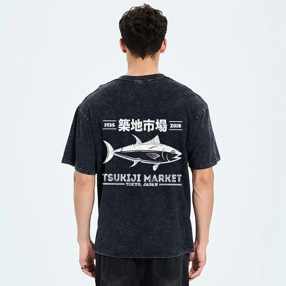 Tsukiji Market Tokyo Japan Fish Vintage Wash Japanese Design Back Art T-Shirt