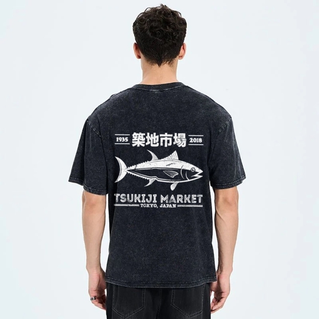 Tsukiji Market Tokyo Japan Fish Vintage Wash Japanese Design Back Art T-Shirt