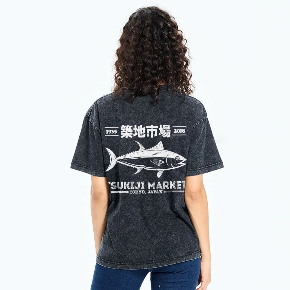 Tsukiji Market Tokyo Japan Fish Vintage Wash Japanese Design Back Art T-Shirt