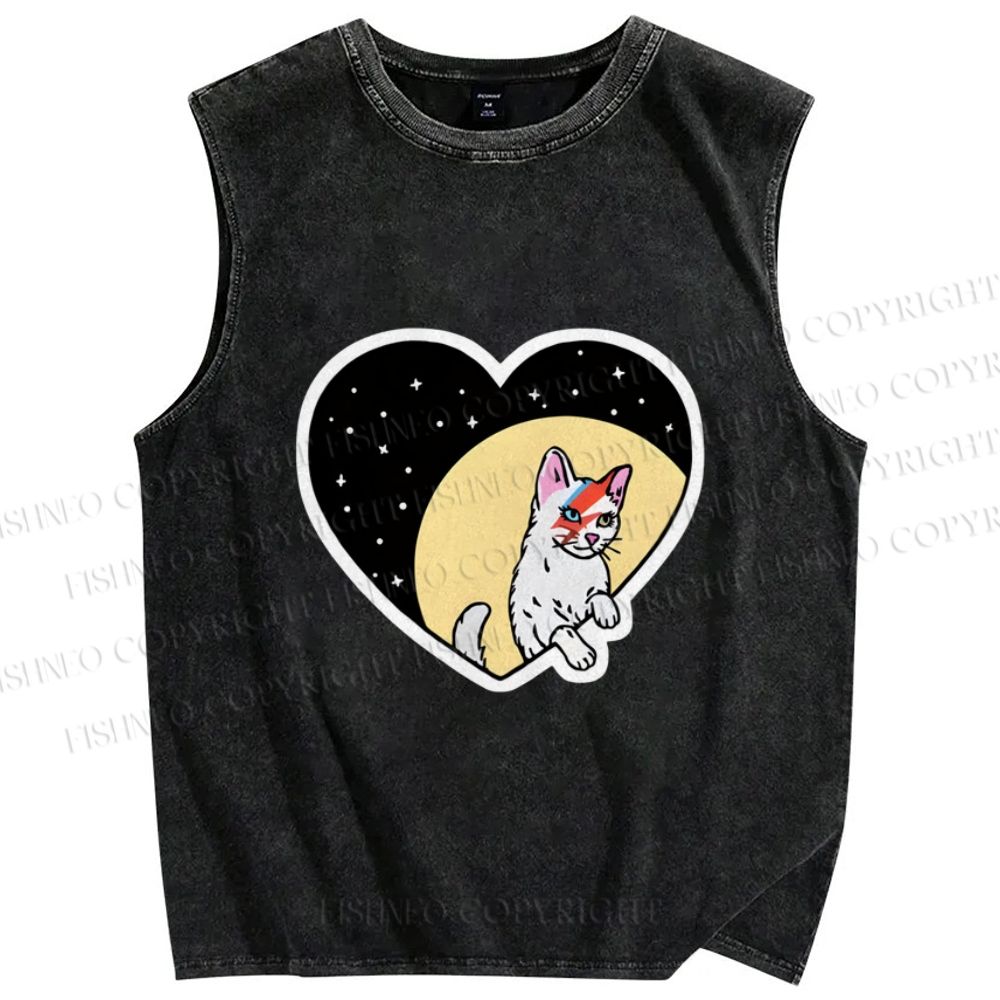 Unisex David Bowie Cat in Heart Printed Washed Tank Top