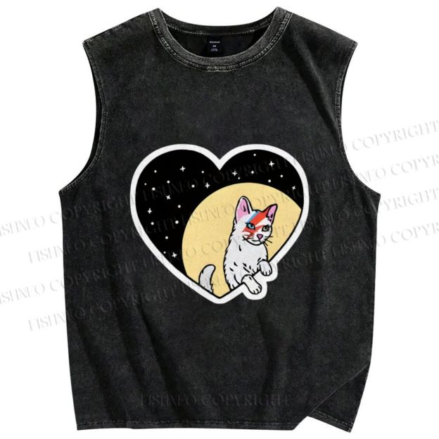 Unisex David Bowie Cat in Heart Printed Washed Tank Top