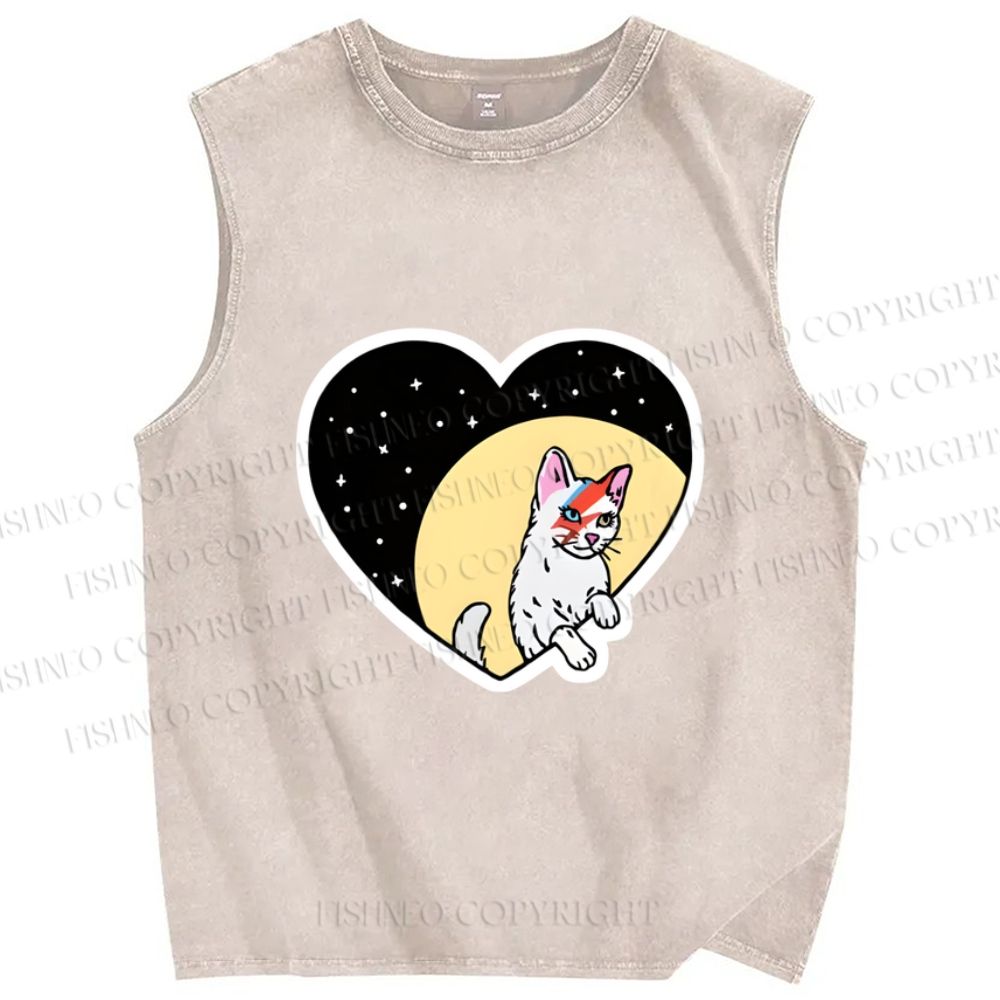 Unisex David Bowie Cat in Heart Printed Washed Tank Top