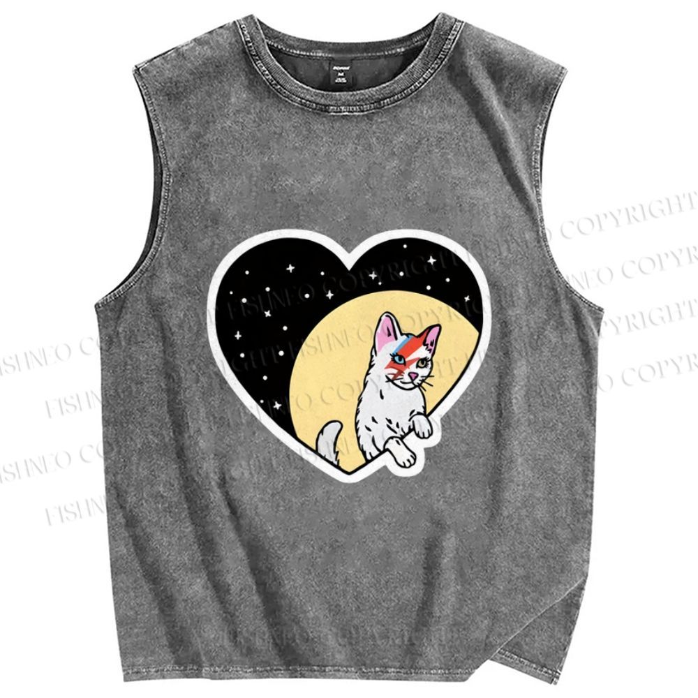 Unisex David Bowie Cat in Heart Printed Washed Tank Top