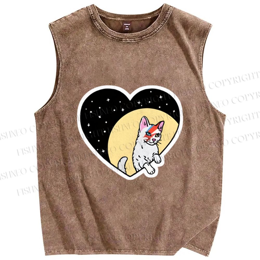 Unisex David Bowie Cat in Heart Printed Washed Tank Top