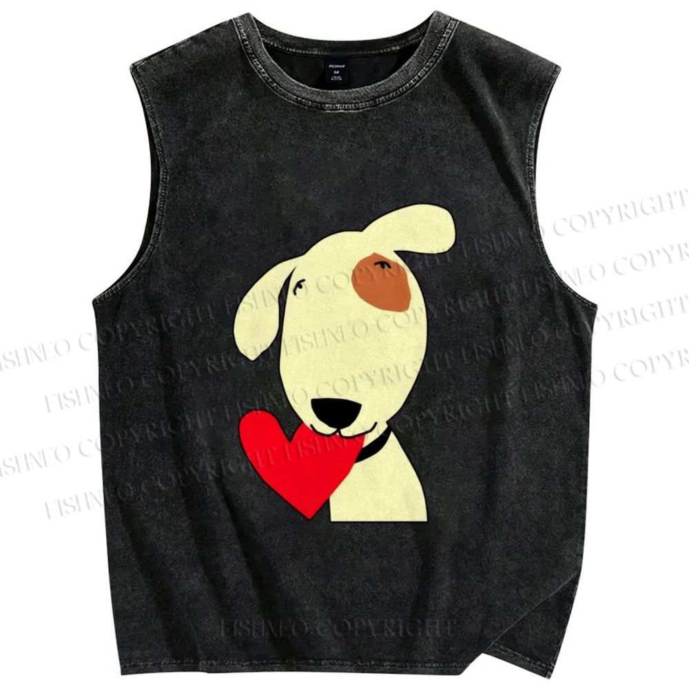 Unisex Dog With Heart Printed Washed Tank Top