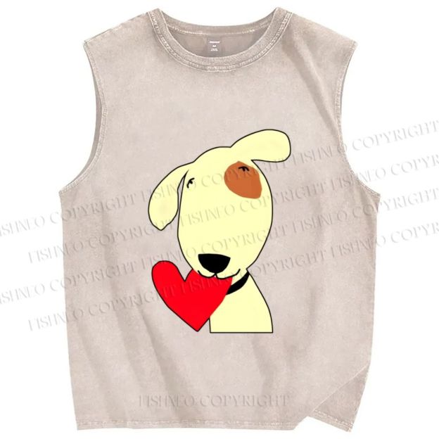 Unisex Dog With Heart Printed Washed Tank Top
