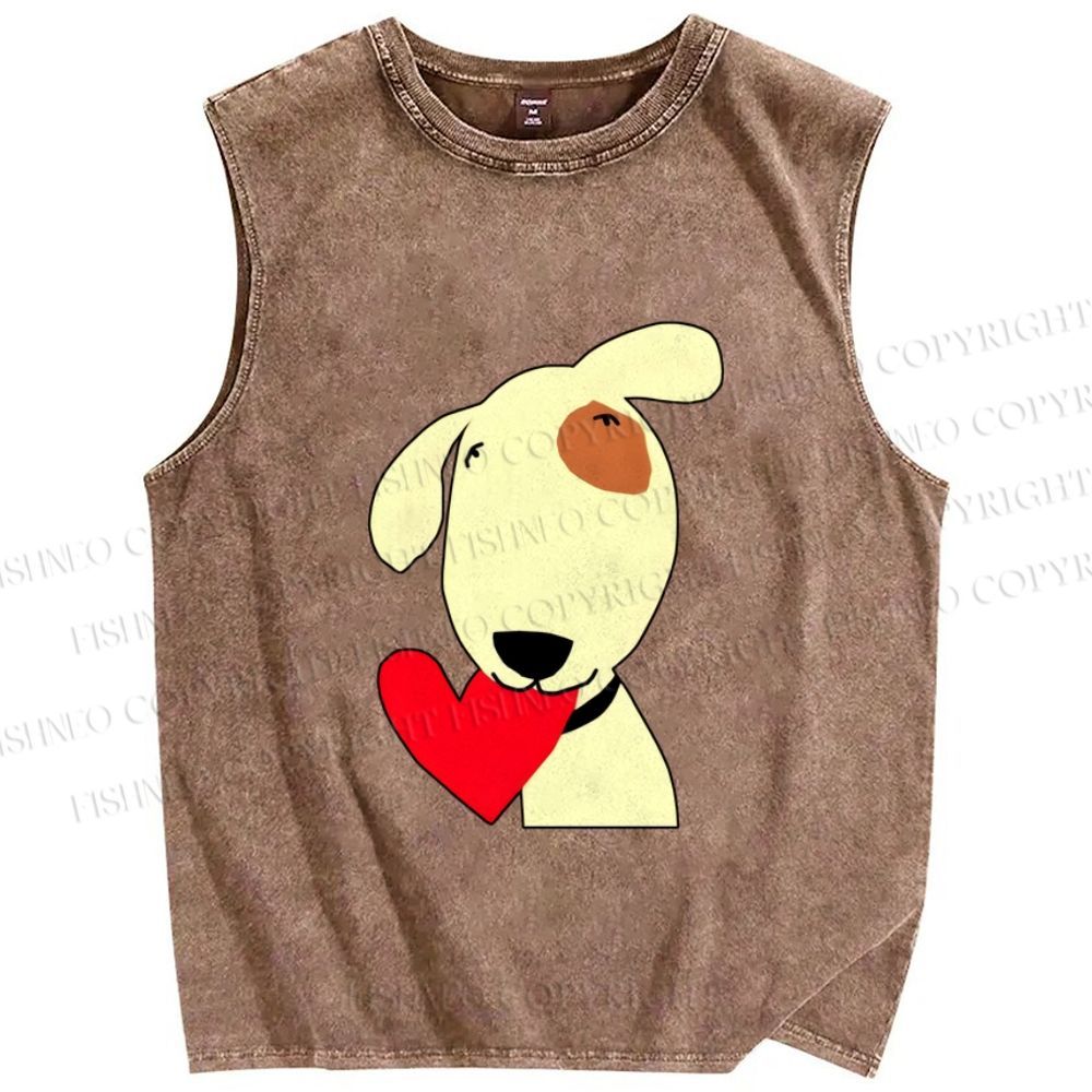 Unisex Dog With Heart Printed Washed Tank Top