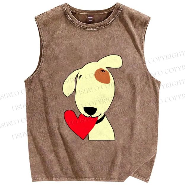 Unisex Dog With Heart Printed Washed Tank Top