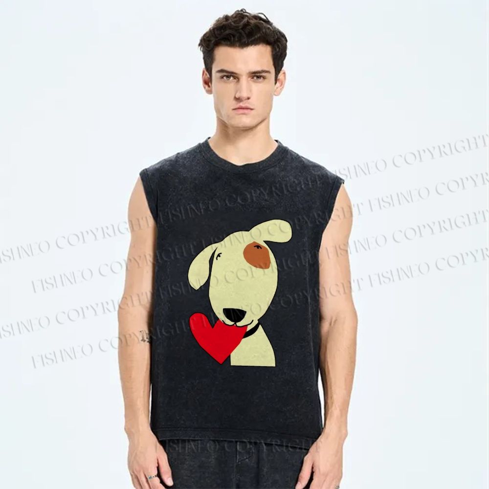 Unisex Dog With Heart Printed Washed Tank Top