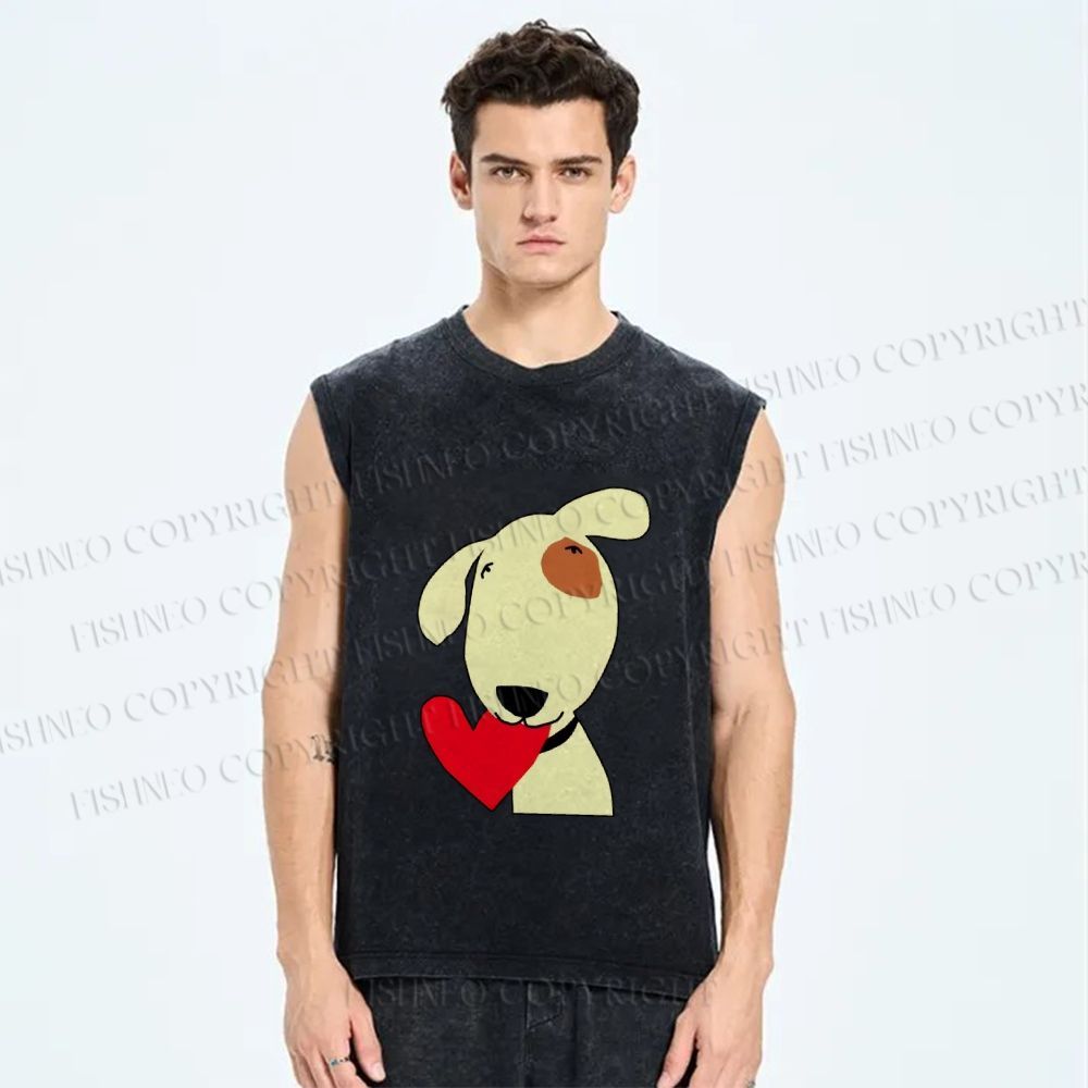 Unisex Dog With Heart Printed Washed Tank Top
