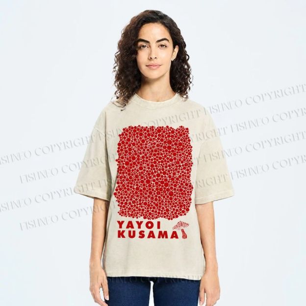 Unisex Yayoi Kusama Mushroom With Dots Printed Washed Tee
