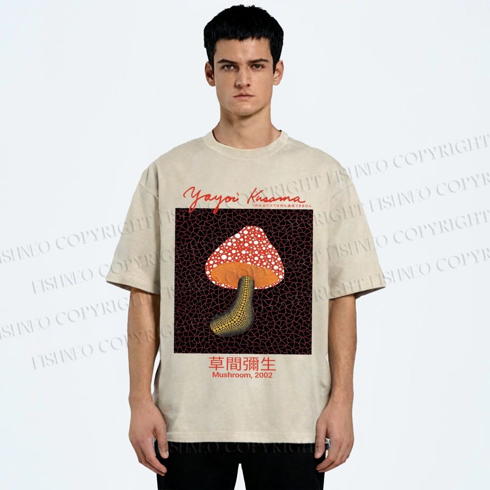 Unisex Yayoi Kusama Mushroom Printed Washed Tee