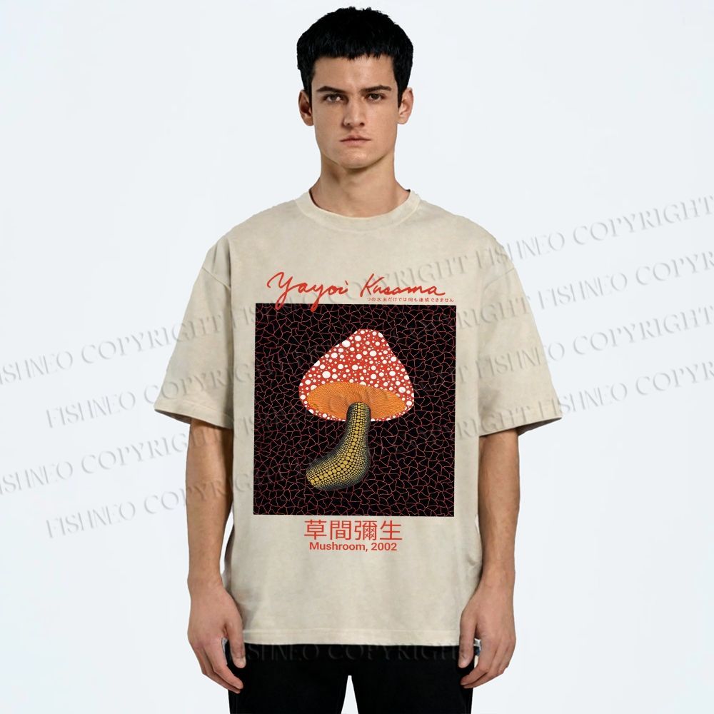 Unisex Yayoi Kusama Mushroom Printed Washed Tee