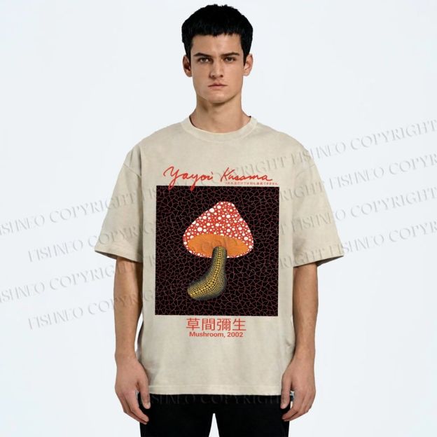 Unisex Yayoi Kusama Mushroom Printed Washed Tee